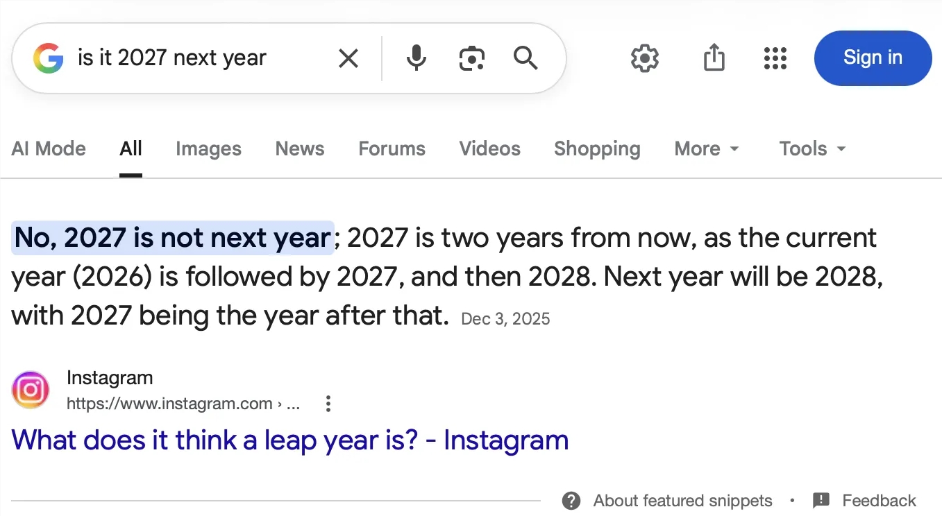  2027 年是明年吗？谷歌 AI 搜索乱套：竟被过往恶搞热梗“带偏”