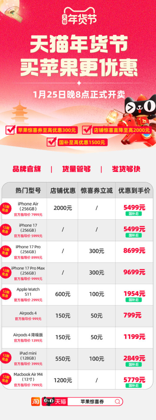 Apple Store官方旗舰店参加天猫年货节，iPhone Air 最高优惠2500元