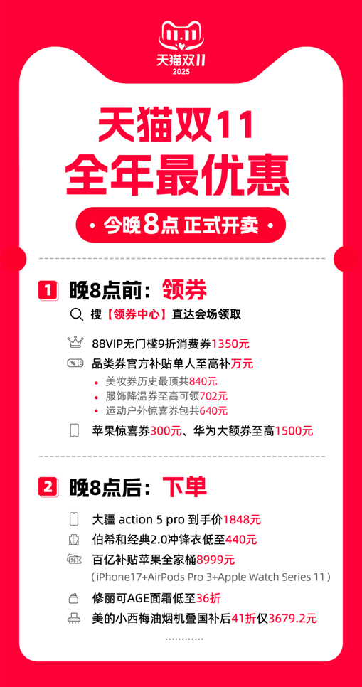 立减85折叠加9折消费券全年最优惠，天猫双11今晚8点正式开卖