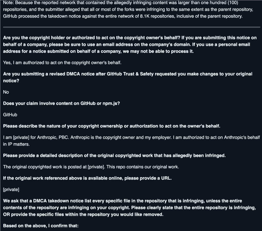 Anthropic 发送 DMCA 通知，大规模下架 8100 个源码仓库