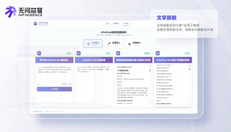首个跑通端到端闭环的全模态安全脱敏的龙虾盒子，无问芯穹InfiniClaw Box让本地龙虾也能放心用！