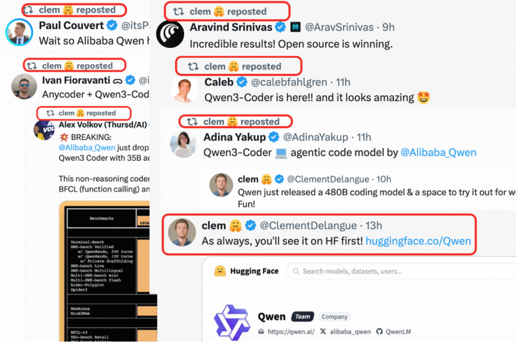 阿里Qwen3-Coder开源引发全球AI社区狂欢！HuggingFace CEO 连转带发12条推盛赞