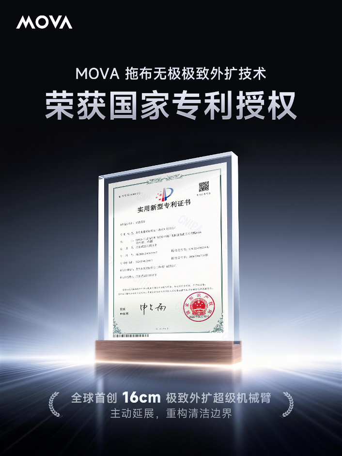 MOVA全球首创技术获批国家专利！16cm极致外扩超级机械臂重构清洁边界
